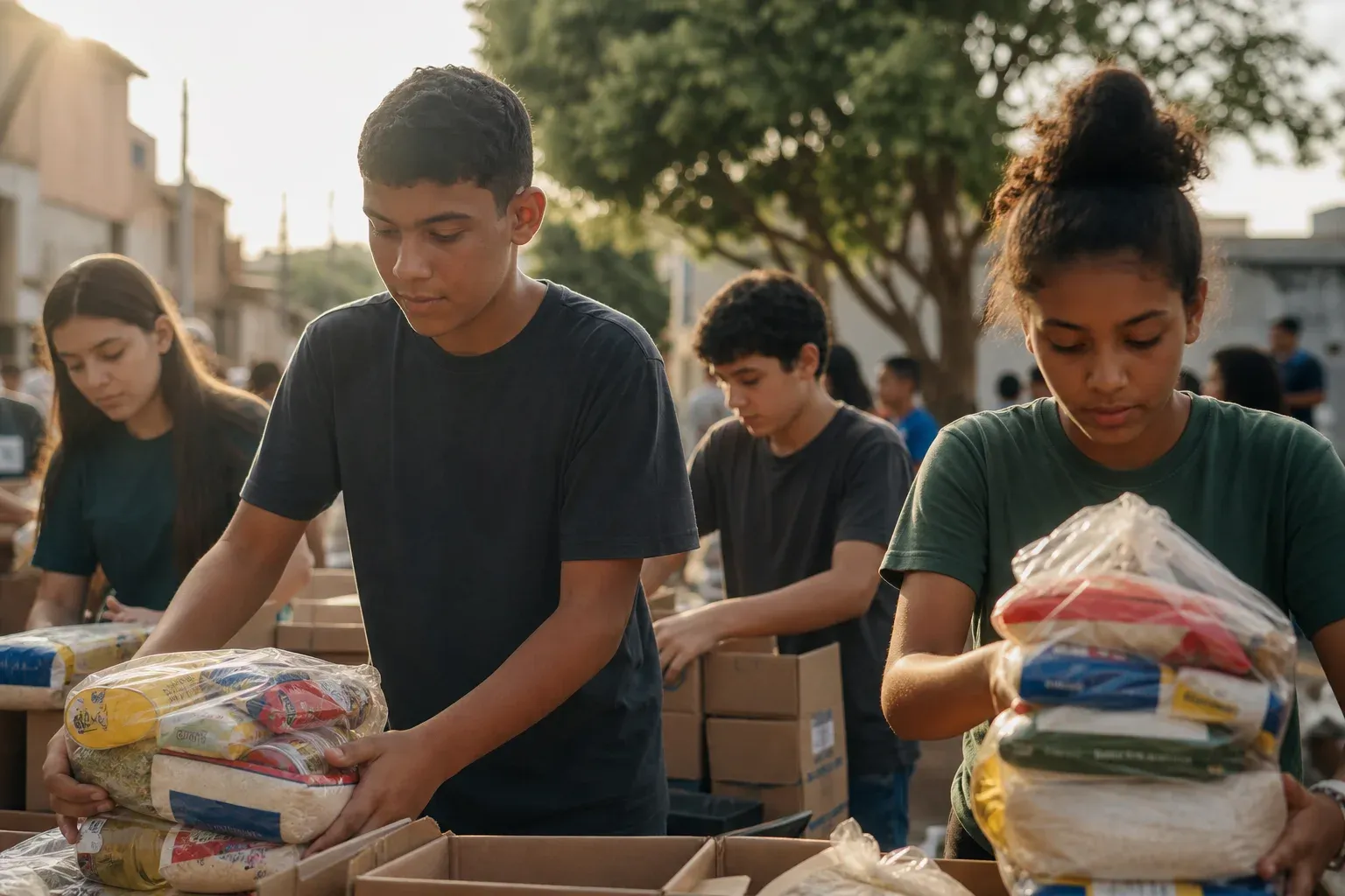 Adolescentes organizam cestas de alimentos em caixas de papelão durante uma ação social ao ar livre