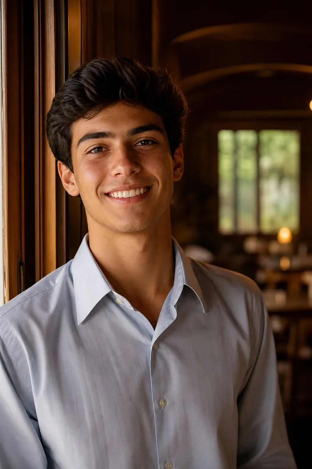 Jovem sorridente de camisa social clara em um salão de madeira