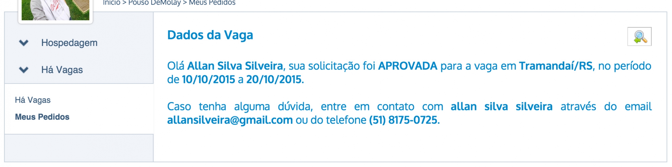 Se aprovada exibirá as informações de contato